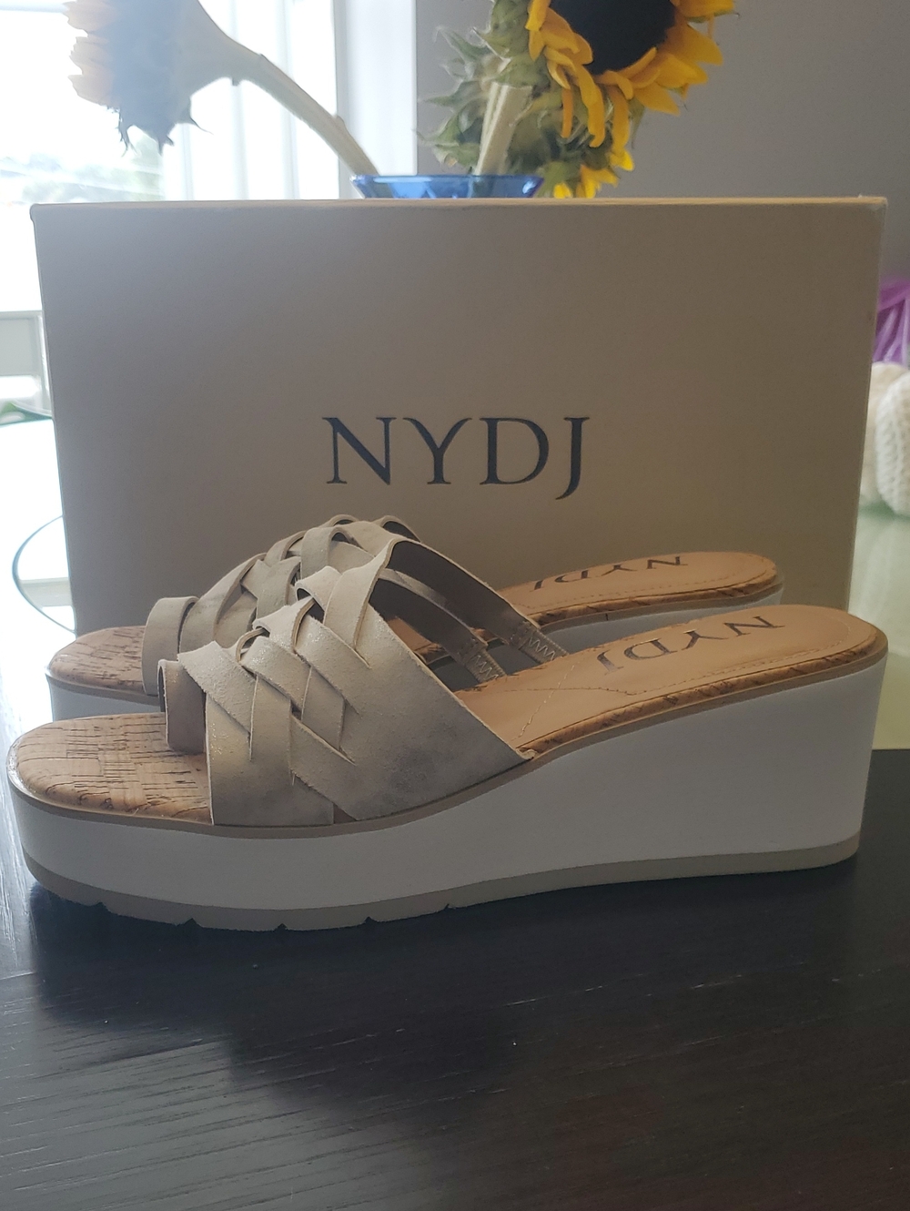 NYDJ Pewter Woven Platform Slide Wedges